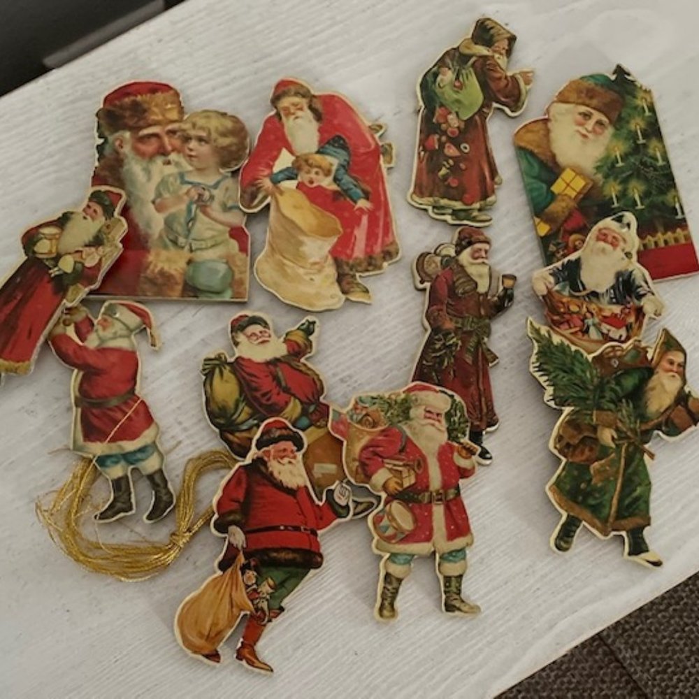 Vintage Merrimack VICTORIAN SANTA ORNAMENTS Set of 12 w/Cords 1977 Christmas
